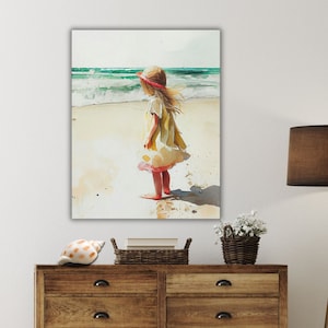 Little Girl Walking on the Beach Canvas Wrap Wall Hanging Vintage Little Girl in Dress Walking on Beach Barefoot Watercolor Print