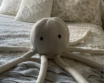 Large Handmade Octopus Stuffed Animal, Beach Themed Pillow, Seaside Decor, Handmade Fabric Large Octopus in Calming Creamy Beige