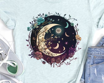 MOON PHASE T-SHIRT, Beautiful Watercolor Moon and Wildflower T-shirt, Moon Gift Celestial Shirt, Moon Phase Boho Shirt, Moon Graphic T-Shirt