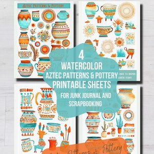 Puede incluir: Cuatro hojas imprimibles con ilustraciones de acuarela de patrones y cerámica aztecas. Los diseños incluyen patrones geométricos en tonos naranja, azul y marrón.
