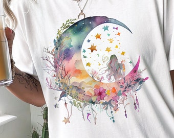 70s Retro Hippy Moon Flower T-shirt, Whimsical Moon with Hippy Silhouette tie-dye 1970s Retro Hippy Shirt, Tie-Dye Crescent Moon T-shirt
