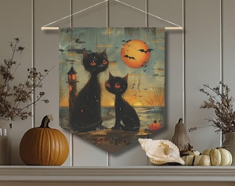 Black Cats on the Beach Wall Decor at Halloween Whimsical Spooky Cats on Beach Coastal Wall Hanging Decor Cute Kawaii Black Halloween Cats