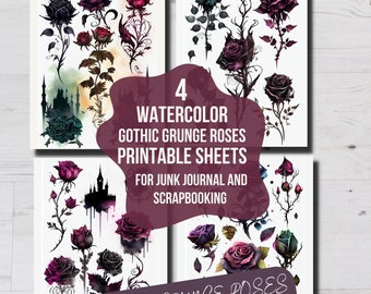 Watercolor GOTHIC GRUNGE ROSES Clip Art, Printable Journal Pages, Digital Papers, Scrapbook Paper, Collage Papers, Gothic Roses Clip Art