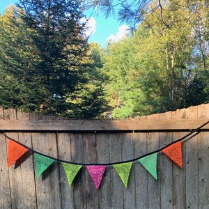 May include: A colorful pennant banner with alternating green, orange, and pink triangles. The banner is strung on a black cord and hangs against a wooden fence.