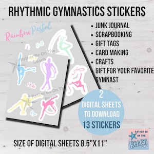 Printable Rhythmic Gymnastic Stickers, Rainbow Pastel Rhythmic Gymnasts Download Stickers, Digital Download, Ephemera, Gymnastics Journal