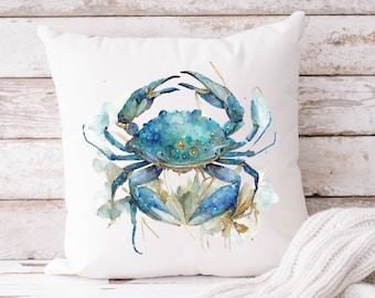 Watercolor Blue Crab Beige Pillow, Vibrant Blue Crab Beach Pillow, Ocean Coastal Decor, Blue Crab Watercolor Art, Beach Decor Pillow