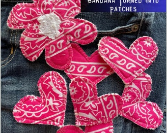 Handmade Boho Fabric Heart Bandana Patch Hot Pink Hippie Heart Patch Handmade Sew On Fabric Flower Patches for Jeans Jacket Tote Sweatshirt