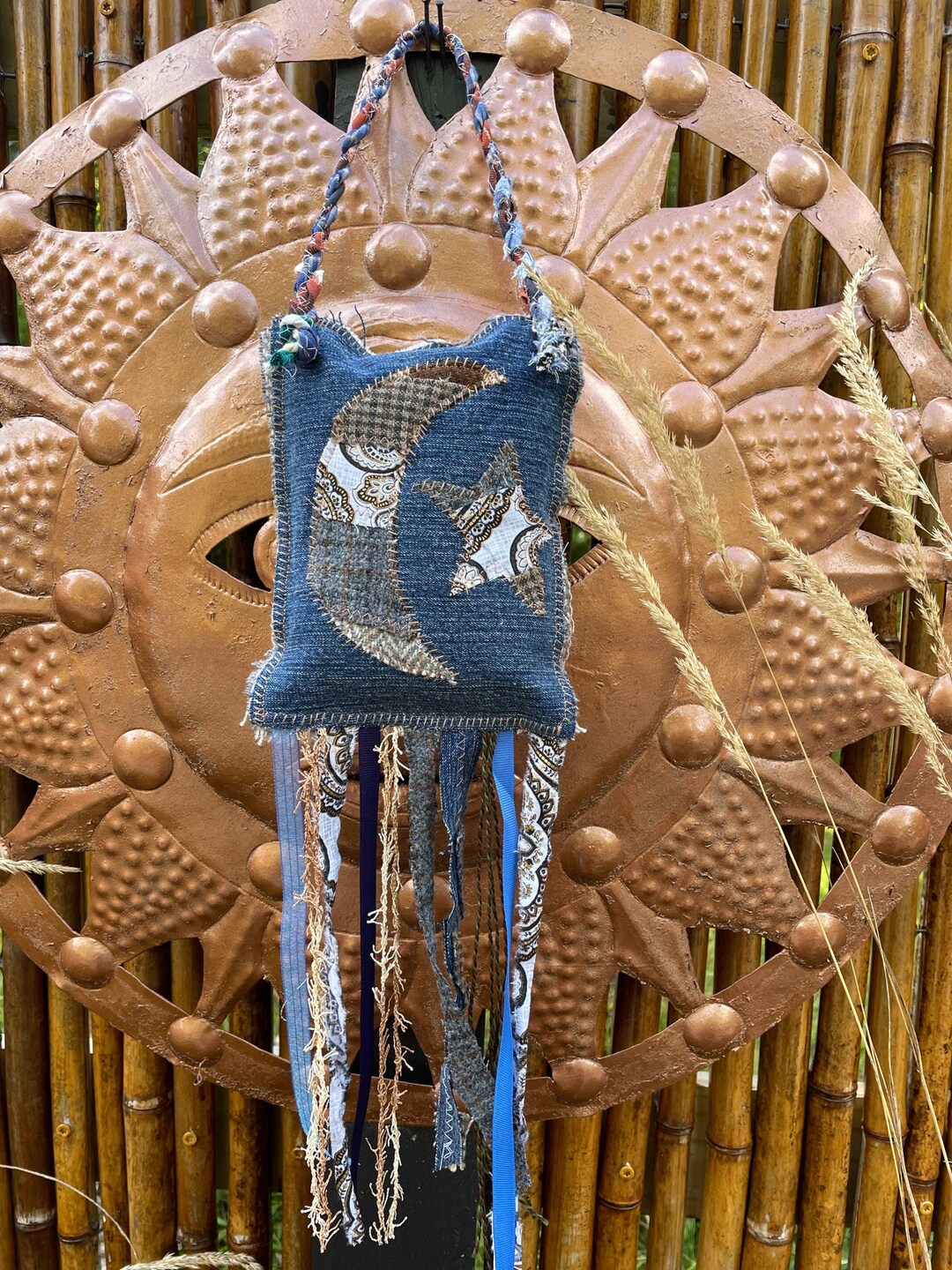 Patchwork Moon Blue and Brown Moon and Star Patchwork Fringe Wall Hanging Moon Dark ...