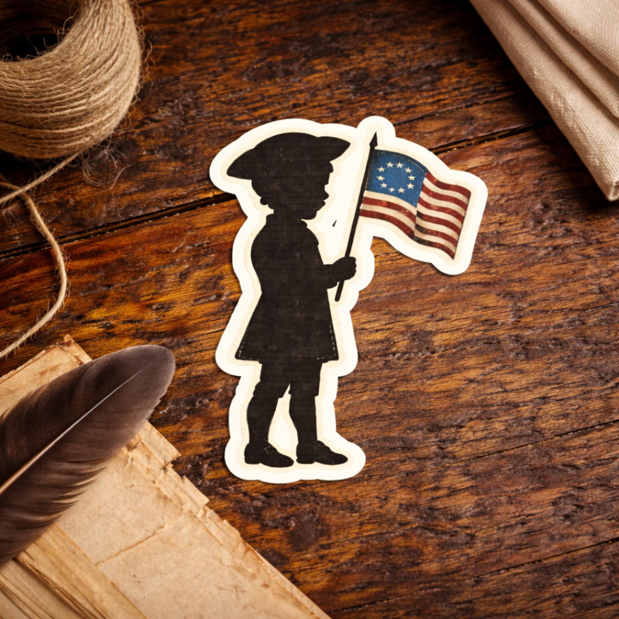 Revolutionary Sticker Colonial Girl Silhouette Sticker Holding Betsy Ross Flag, Primitive ...