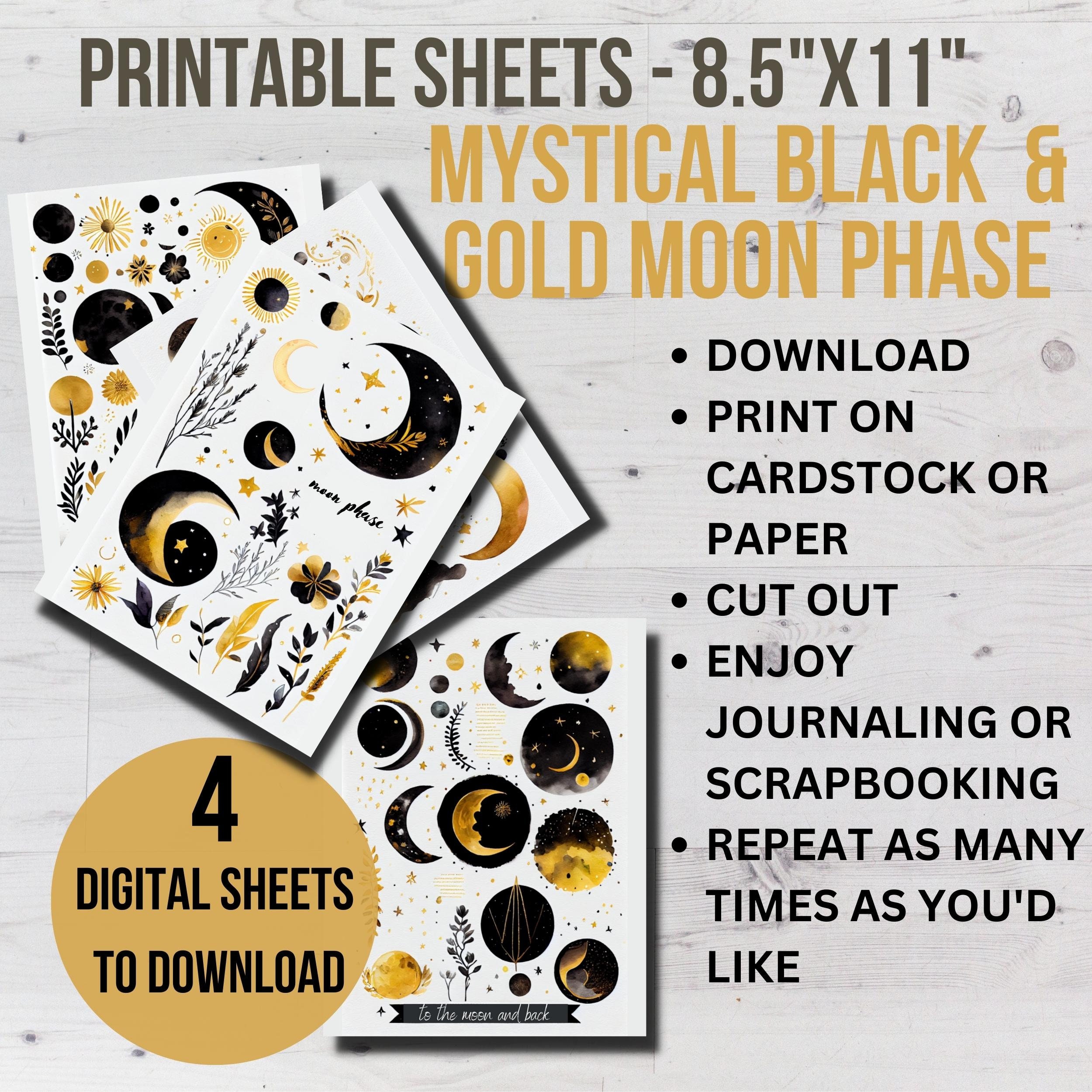 Watercolor Celestial Black and Gold Moon Phases Clip Art Printable ...