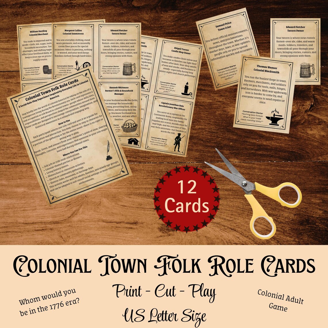 Colonial Town Folk Role Cards Printable, 1776 Role Play Game for Adults ...