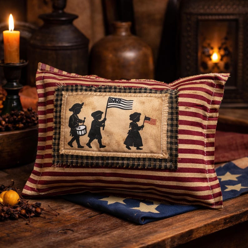 Op de afbeelding: Rechthoekig decoratief kussen met een patriottisch thema. Het kussen heeft een centrale patch met silhouetten van kinderen die vlaggen en een trommel dragen. Het kussen heeft rood-cr&egrave;mekleurige strepen en een zwart-cr&egrave;mekleurige geruite rand.