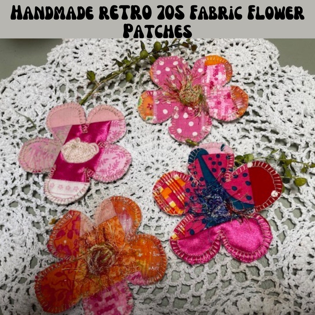 BOHO FLOWER Fabric Patchwork PATCH, Orange Boho Hippy Flower Patches, Handmade Sew on Fabric