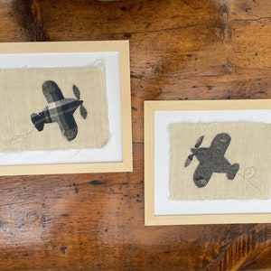 Vintage 1940s Airplane Artwork Nursery Decor Fabric Wall Art FRAMED Embroidery Aviation Aircraft Decor Kids Room Airplane Art Baby Boy Gift