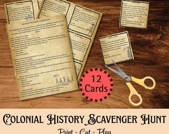 Colonial History Scavenger Hunt for Kids Printable, 12 Colonial Life Cards Homeschool History Game, Classroom Activity Instant Download 1776