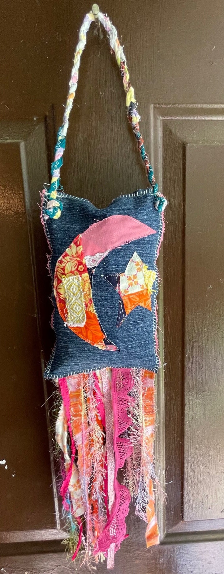 Patchwork Moon Moon and Star Patchwork Fringe Wall Hanging Boho Pink and Orange Moon ...