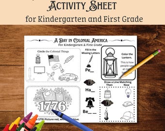 Colonial Activity Placemat Printable, A Day in Colonial America, Kindergarten and First Grade History, 1776 Homeschool & Daycare Activity