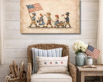 Koloniale kinder 4 juli parade canvaskunst | Americana kindermuurkunst | Vaderlandslievend kinderdagverblijf en familiedecoratie | Vintage aquarelstijl
