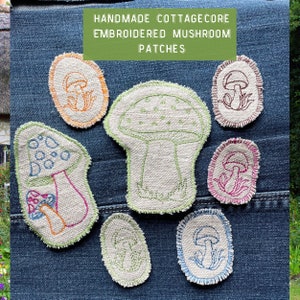 May include: Handmade cottagecore embroidered mushroom patches in various colors and styles. The patches are made of fabric and feature different mushroom designs, including a large mushroom with green and white details, a small mushroom with red and pink details, and a mushroom with blue and white details.
