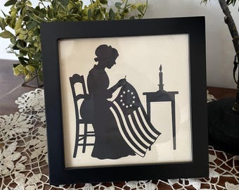 Betsy Ross Sewing the American Flag Silhouette, Colonial Patriotic Wall Art, 1776 Decor Primitive Americana, Early America 4th of July Print