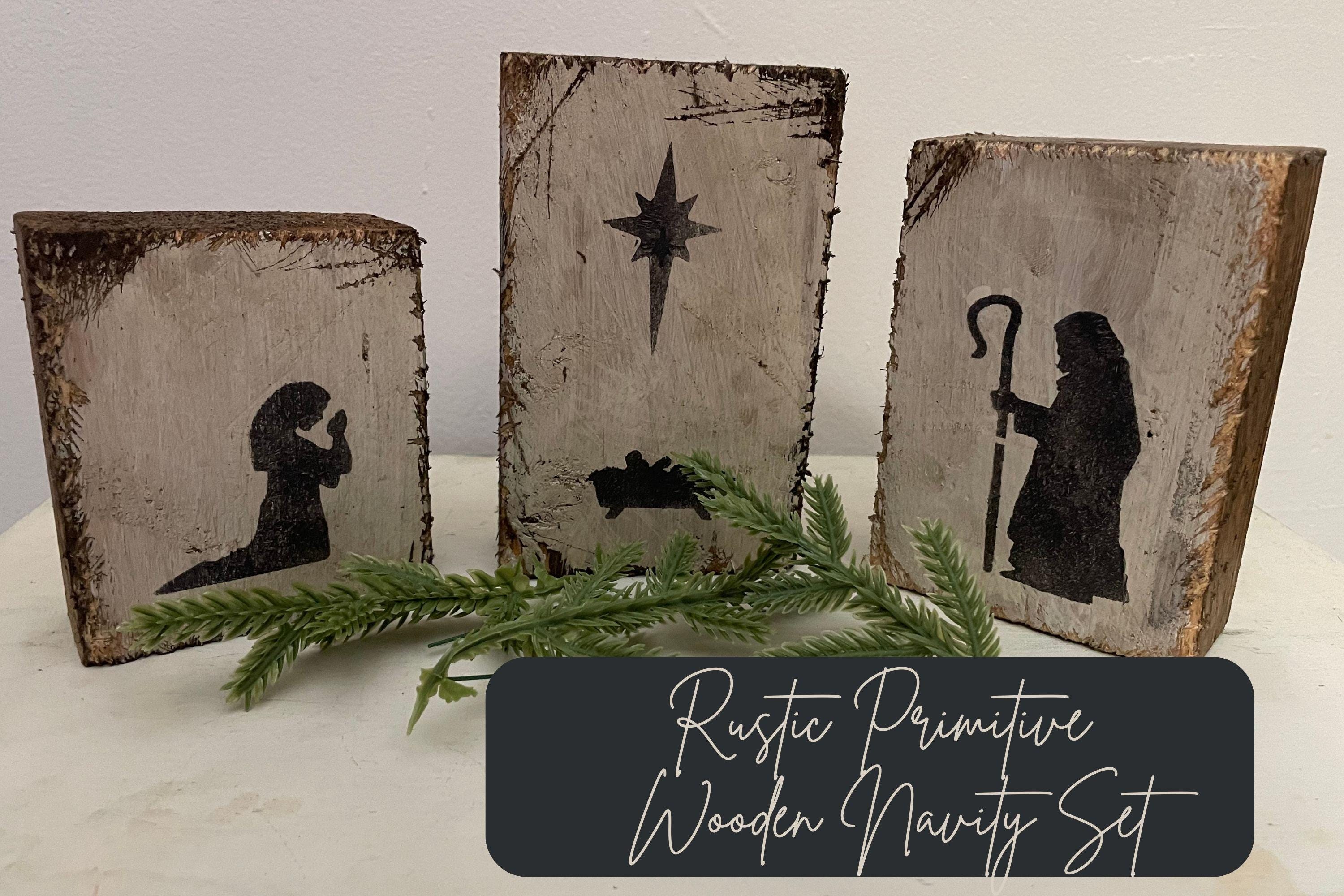 Rustic Primitive Wooden Nativity Set Colonial Wooden Nativity Christmas ...
