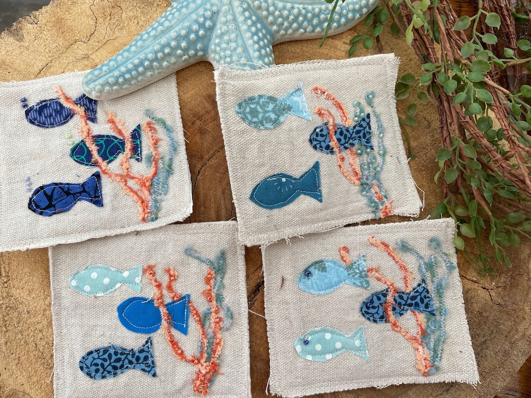 Little Fish in Seaweed Nautical Scrappy Fabric Patch, Charming Upcycle