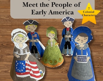 Koloniale papieren pop-set voor kinderen, America 250-activiteit, afdrukbaar ambacht, geschiedenisactiviteit thuisonderwijs, ontmoeting met vroege Amerikaanse personages 4 juli
