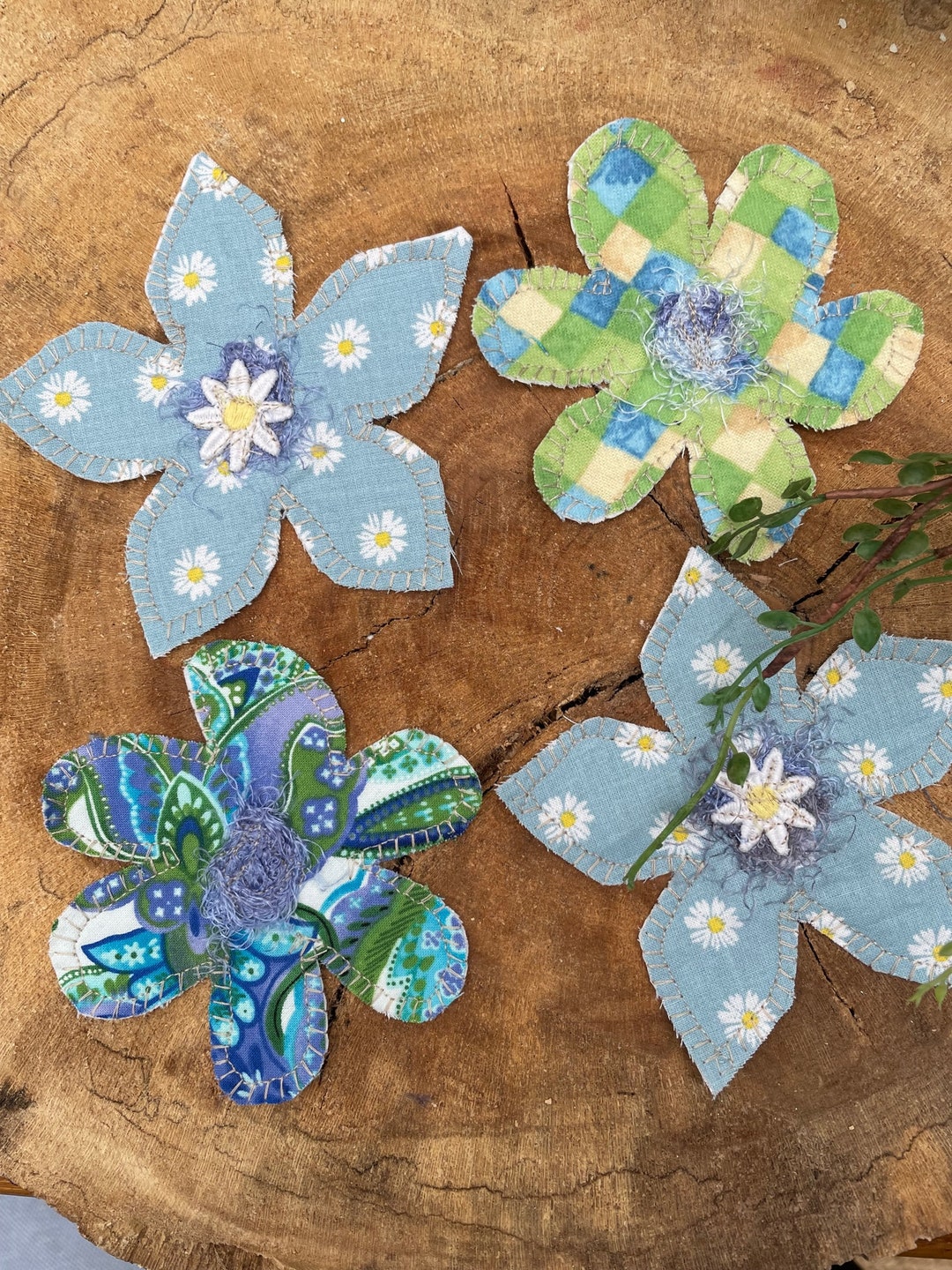 BOHO FLOWER Fabric Patchwork PATCH, Blue Daisy Hippy Flower Patches
