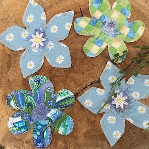 BOHO FLOWER Fabric Patchwork PATCH, Blue Daisy Hippy Flower Patches, Handmade Sew On Fabric Patches for Jeans Jackets Totes Sweatshirts