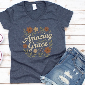 Amazin Grace Floral Ladies&#39; V-Neck T-Shirt Faith Based Christian T-shirt for Women Hymn Tee for Church Bible Study Christian Gift for Mom