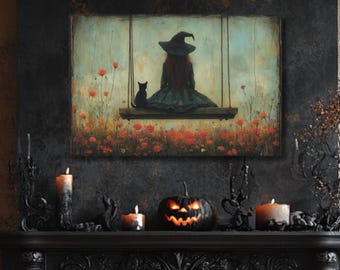 Witch and Cat on a Swing Wall Art Spooky Tree Swing Halloween Art Black Cat and Witch Wall Decor Whimsigoth Living Room Witchy Decor