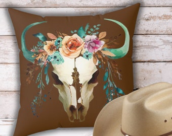 Boho Whimsical Texas Skull Horn Pillow, Brown Boho Southwestern Pillow Decor, Watercolor Aztec Print Home Decor, Cow Skull Decor