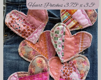 Handmade Boho Fabric Heart Patchwork Patch, Pink Hippie Heart Patch, Handmade Sew On Fabric Patches for Jeans Jackets Totes Sweatshirts