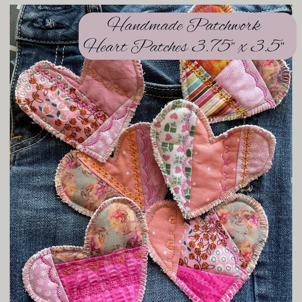 Handmade Boho Fabric Heart Patchwork Patch, Pink Hippie Heart Patch, Handmade Sew On Fabric Patches for Jeans Jackets Totes Sweatshirts