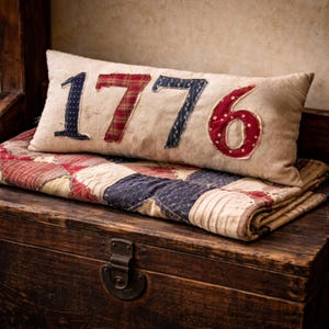 Handmade Primitive 1776 Patchwork Pillow, Colonial Americana Heirloom Decor, Early American Patriotic Accent, 16 in x 7 in