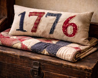 Handmade Primitive 1776 Patchwork Pillow, Colonial Americana Heirloom Decor, Early American Patriotic Accent, 16 in x 7 in
