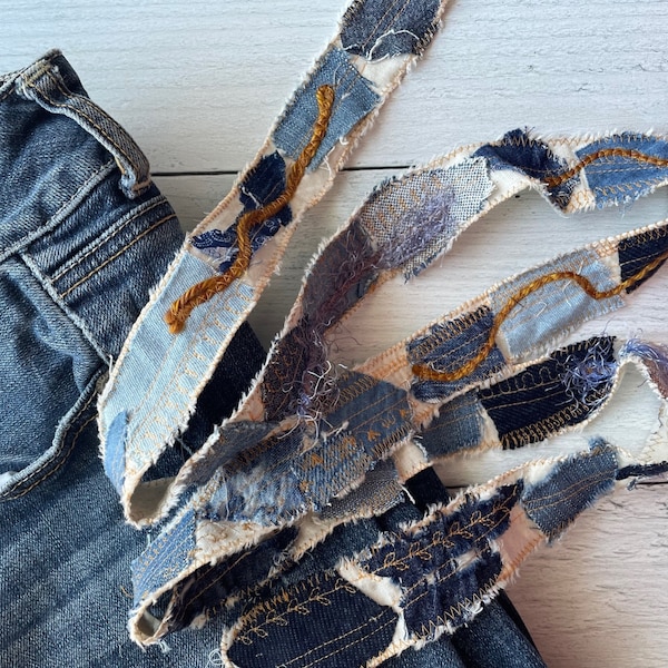 43" Handmade Patchwork Scrappy Denim Ribbon Repurposed Upcycled Ribbon Made from Denim Jeans Upcycling Denim Blue Jeans Into Handmade Ribbon