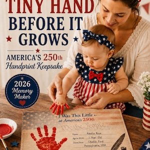 Op de afbeelding: Een handafdruk-herinneringsset met een document met een rode handafdruk, de tekst 'I Was This Little at America's 250th', en velden voor naam, leeftijd en locatie. Inclusief een rood verfbakje, een penseel en een illustratie van een ganzenveer.