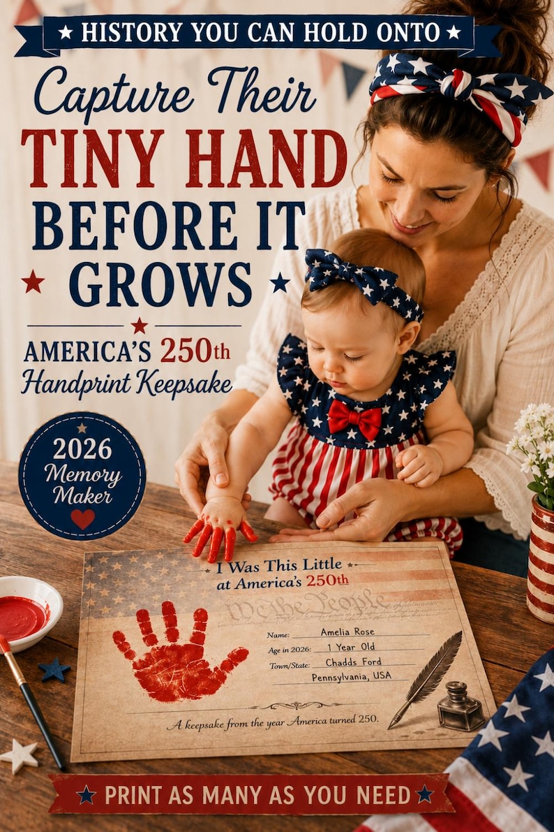 Op de afbeelding: Een handafdruk-herinneringsset met een document met een rode handafdruk, de tekst 'I Was This Little at America's 250th', en velden voor naam, leeftijd en locatie. Inclusief een rood verfbakje, een penseel en een illustratie van een ganzenveer.