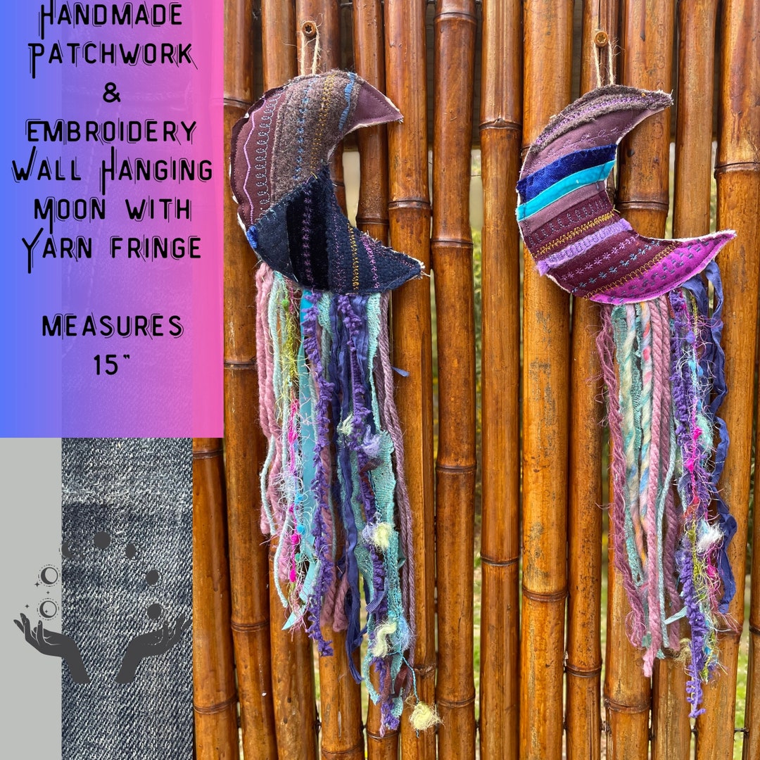 Patchwork Moon Boho Moon Wall Decor Moon Patchwork Embroidery Fringe Wall Hanging Boho ...