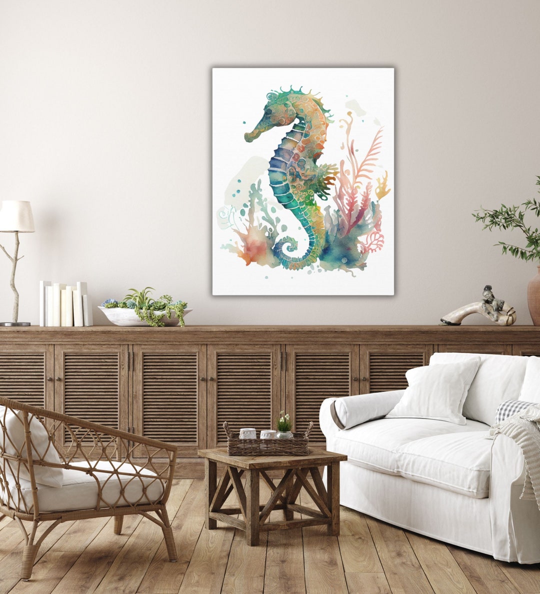 Watercolor Seahorse Canvas Wrap, Coastal Seahorse Wall Art, Beach