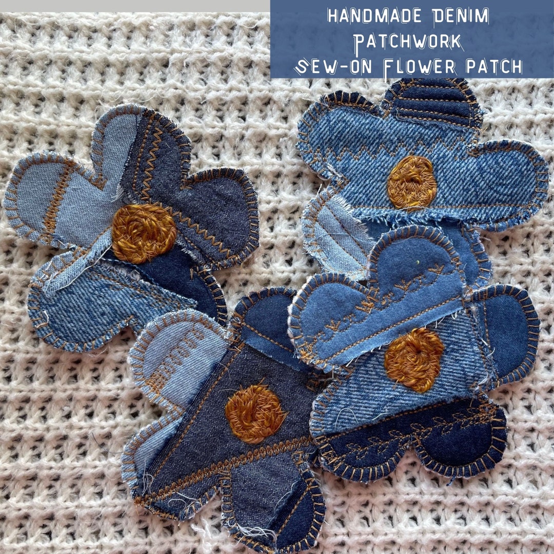 BOHO DENIM FLOWER Patchwork Patch Blue Denim Boho Hippy Flower Patches Handmade Sew on Fabric