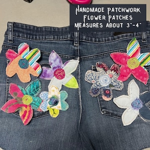 BOHO Hippie FLOWER PATCH, Pink and Teal Boho Patchwork Flower Patches, Handmade Sew On Fabric Patches for Jeans Jackets Totes Sweatshirts