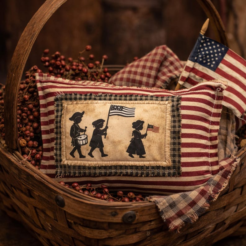 Op de afbeelding: Een decoratief kussen met een patriottisch thema, met een zwart-wit silhouet van kinderen die marcheren met vlaggen en een trommel. Het kussen is rood-wit gestreept met een zwart-wit geblokte rand, genesteld in een gevlochten mand met een kleine Amerikaanse vlag.