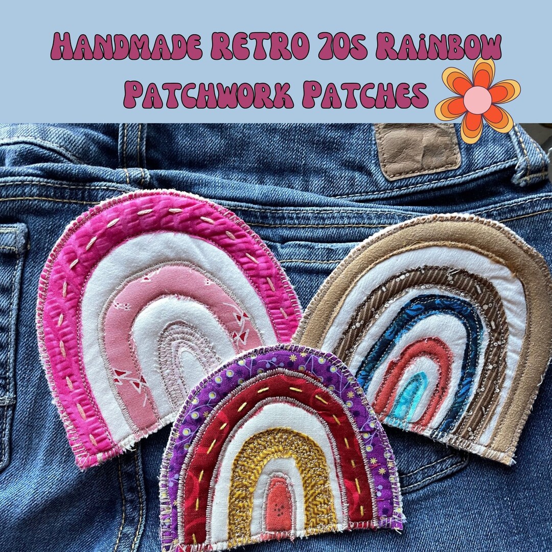 BOHO RAINBOW Fabric Patchwork PATCH, Orange Pink Boho Hippy Patches, Handmade Sew on Fabric