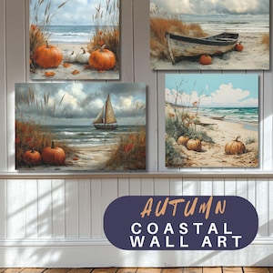 Coastal Autumn Wall Art, White Pumpkins on the Beach Coastal Decor ...