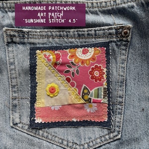 Handmade Hippie Patchwork Upcycled Denim PATCH Boho Flower Patches Handmade Sew On Fabric Patches for Jeans Jackets Totes Sweatshirts