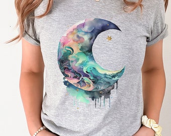 Beautiful Watercolor TIE-DYE MOON T-Shirt, Boho Moon Shirt, Gift for Moon Lover, Celestial Shirt, Moon Graphic Tee, Moon Phase Tie-Dye Shirt