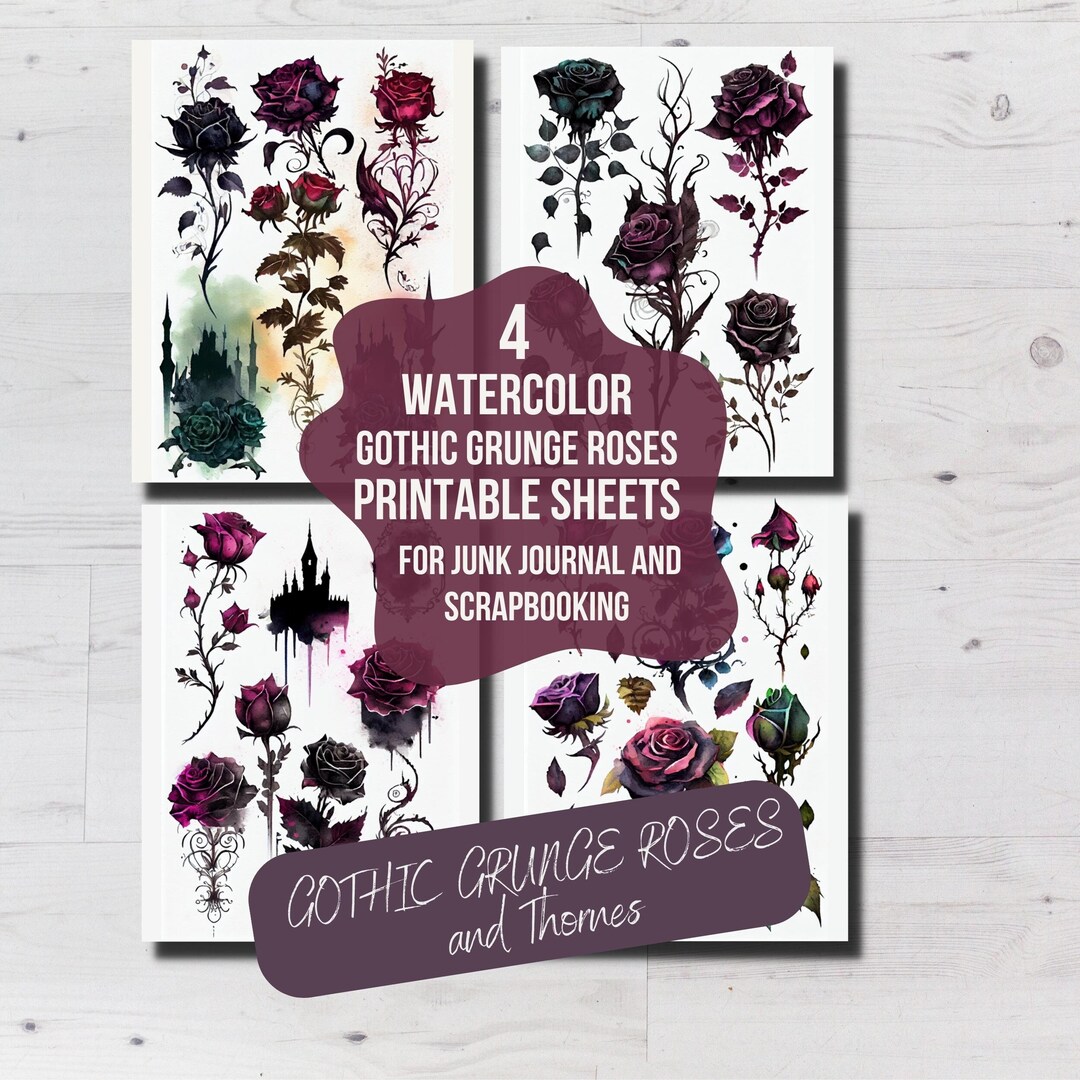 Watercolor GOTHIC GRUNGE ROSES Clip Art, Printable Journal Pages ...
