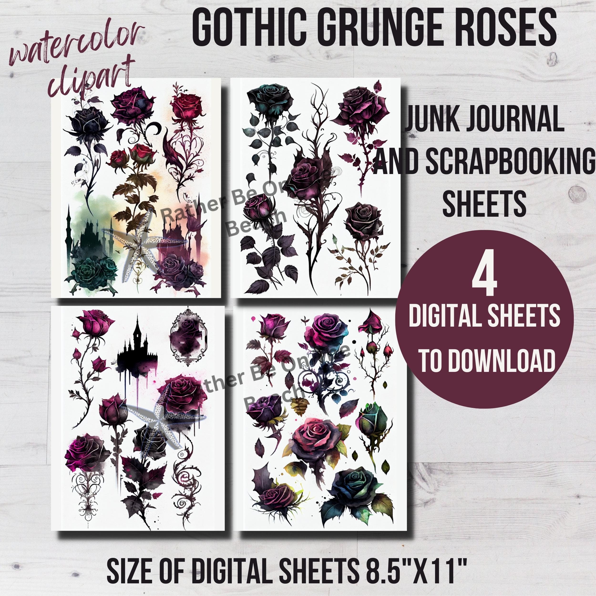 Watercolor GOTHIC GRUNGE ROSES Clip Art, Printable Journal Pages ...